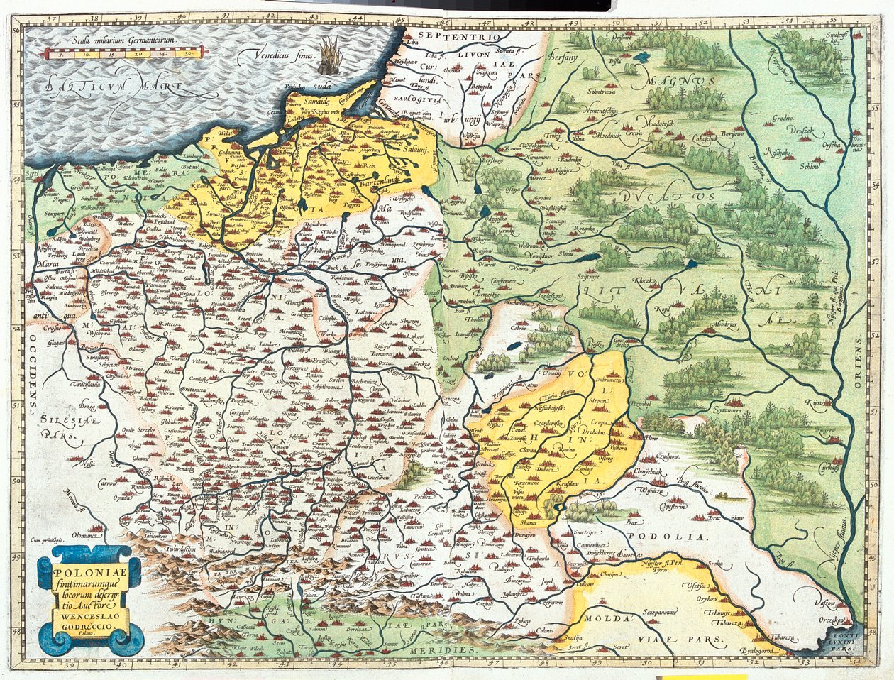 Polen, Litauen (Bezirk: Klaipėda, Tauragė, Kaunas, Vilnius, Utena, Marijampolė, Alytus), Belarus (großer Teil, außer Nord-Vitebsk-Region), Südwestrussland, Westukraine, Nordmoldawien, Slowakei (Region: Žilina, Prešov) von Abraham Ortelius