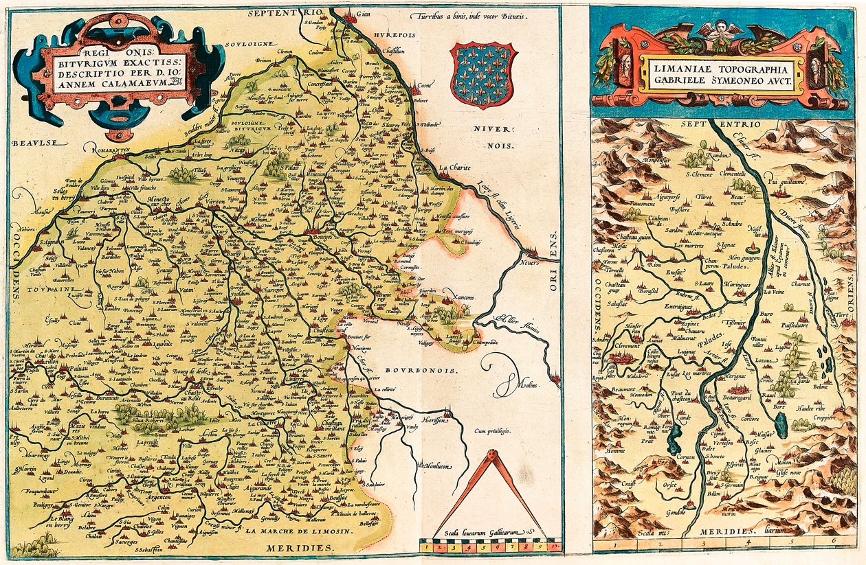 Regionis Biturigum accurss descriptio per D. Ioannem Calamaeum Geographische Karte des Territoriums von Bourges und der Region im Zentrum Galliens (Frankreich) aus „Theatrum Orbis Terrarum“ von Abraham Ortelius (Oertel, Ortell oder Ortel) von Abraham Ortelius