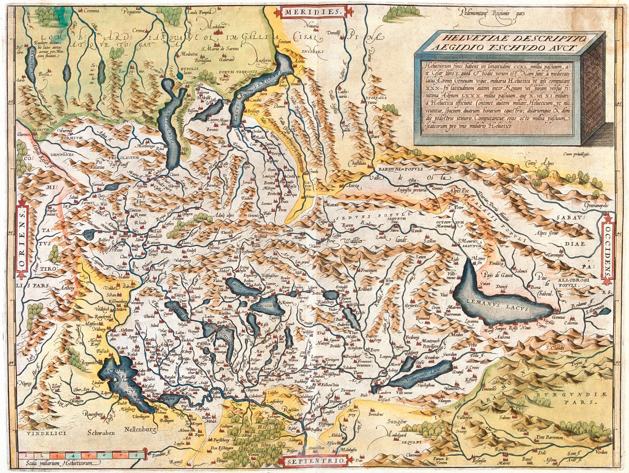 Schweiz, Deutschland (Bundesland: Baden-Württemberg, Bayern), Österreich (Bundesland: Vorarlberg), Liechtenstein, Italien (Region: Trentino-Südtirol, Lombardei, Piemont, Aostatal), Frankreich (Region: Franche-Comté, Rhône-Alpes, Elsass) von Abraham Ortelius