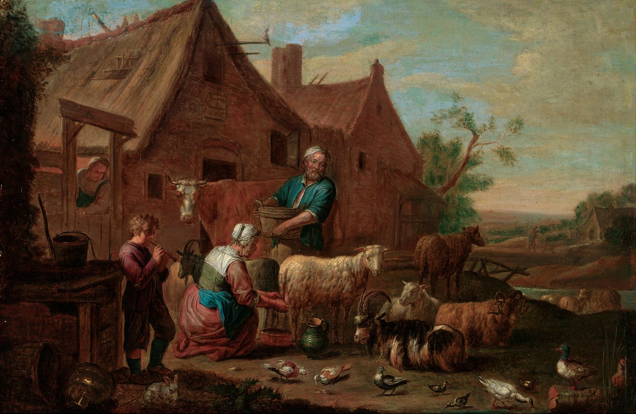 Bauernfamilie mit Rindern, Schafen und Ziegen in einem Bauernhof von Abraham Willemsens