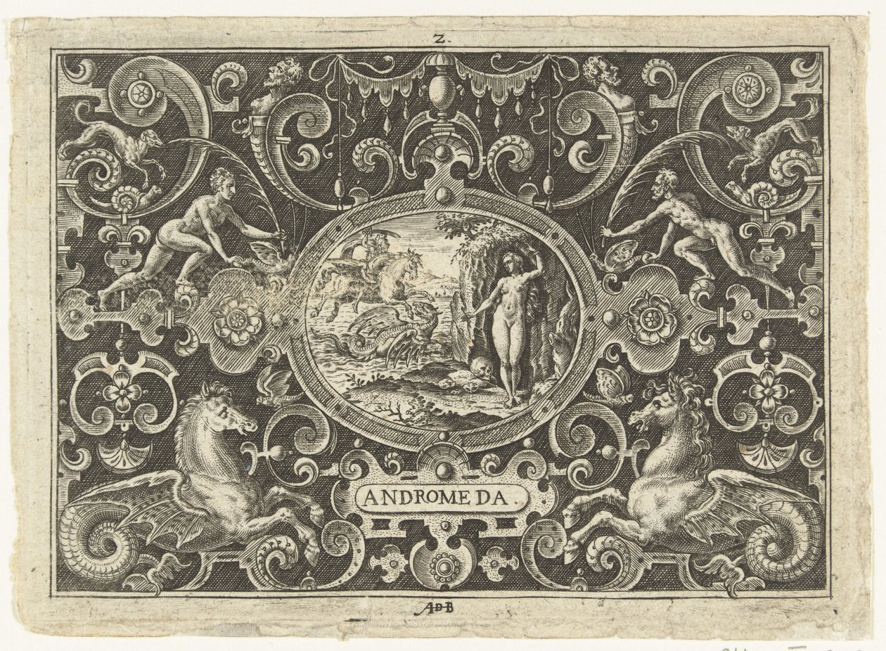 Cartouche: Perseus befreit Andromeda (Ovale cartouches mit voorstellingen uit het leven van Perseus in omlijsting van grotesken) von Abraham de Bruyn