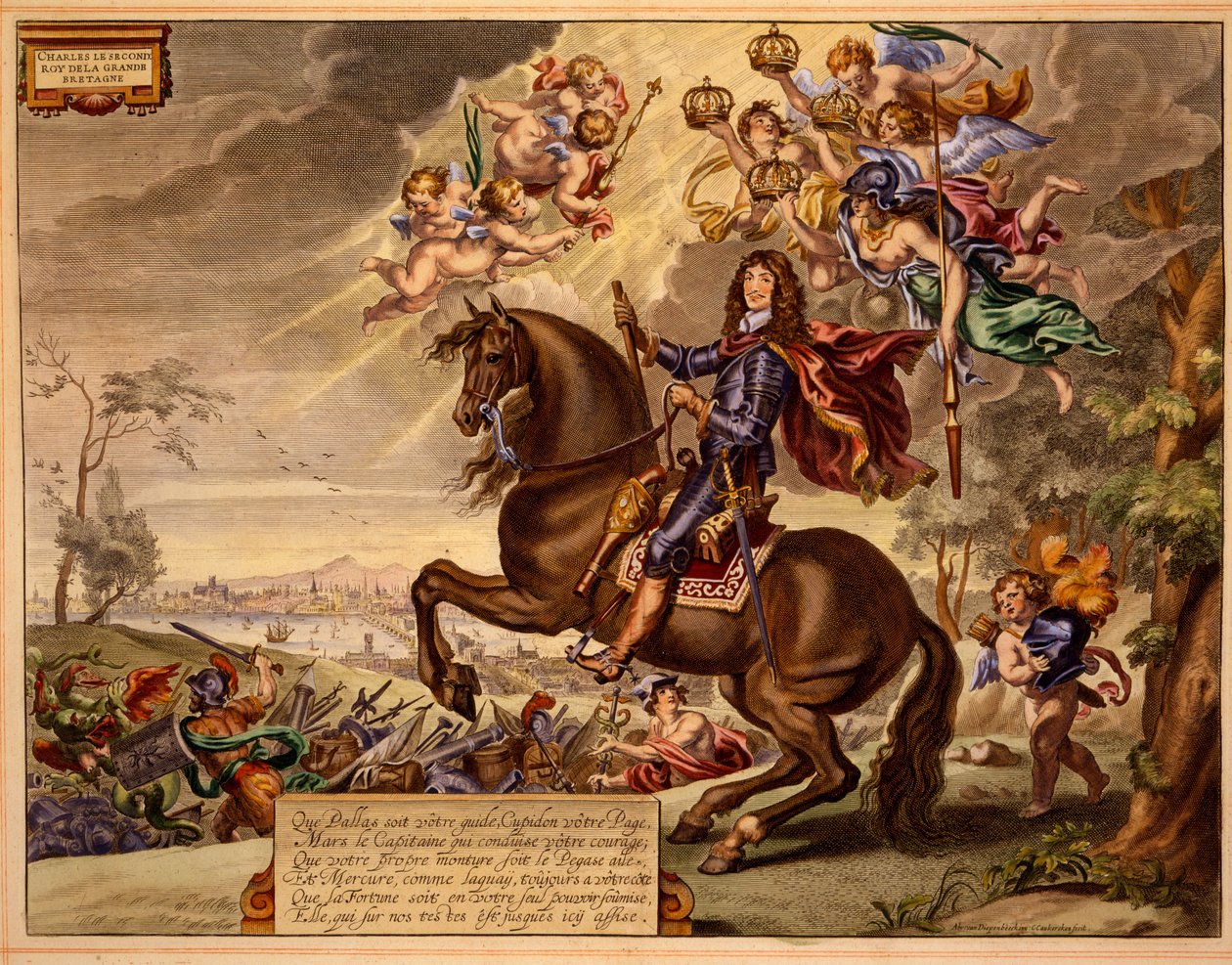 Charles II mit einer Widmung auf Französisch, mit der alten London Bridge im Hintergrund, aus The Method and New Invention of Dressing Horses von William Cavendish, veröffentlicht 1737 (2. Auflage) von Abraham van Diepenbeeck