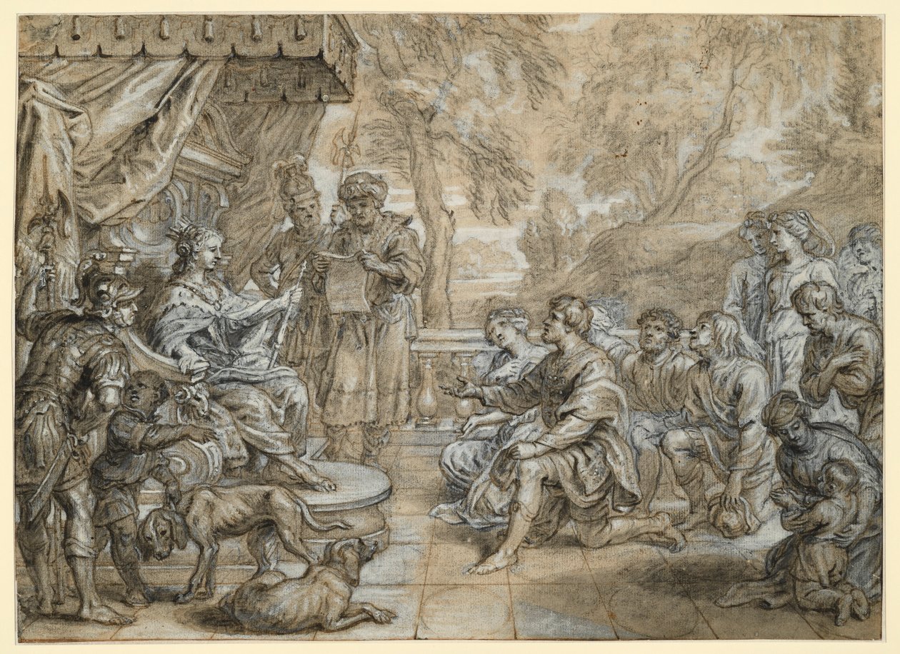 Eine Königin mit Hermelinmantel und Zepter (Semiramis?) auf einem Thron, vor ihr kniet eine Gruppe Männer und Frauen von Abraham van Diepenbeeck