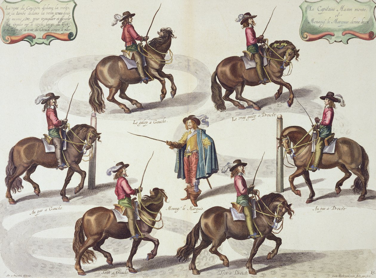 Der Marquis von Newcastle gibt Captain Mazin eine Reitstunde, Tafel 15 aus Die Methode und neue Erfindung der Pferdedressur von William Cavendish, graviert von Lucas Vo von Abraham van Diepenbeeck
