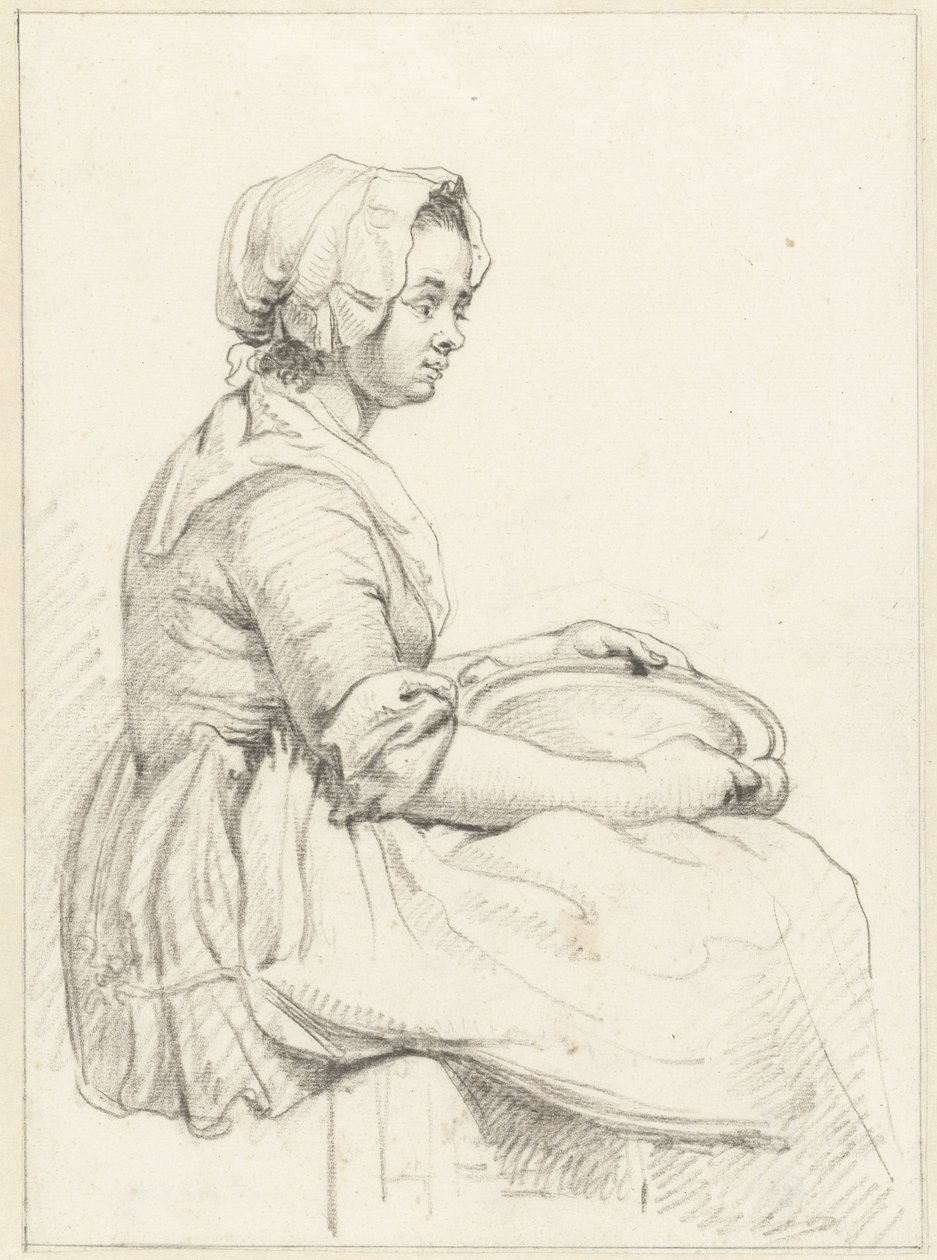 Sitzende Frau mit einer Schüssel auf ihrem Schoß, nach rechts von Abraham van Strij (I)