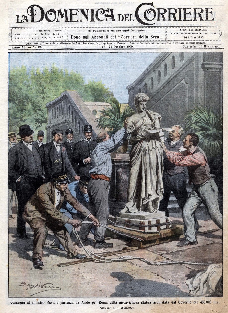 Eine vom Staat für 450.000 Lire gekaufte Statue wird nach Rom gebracht ...