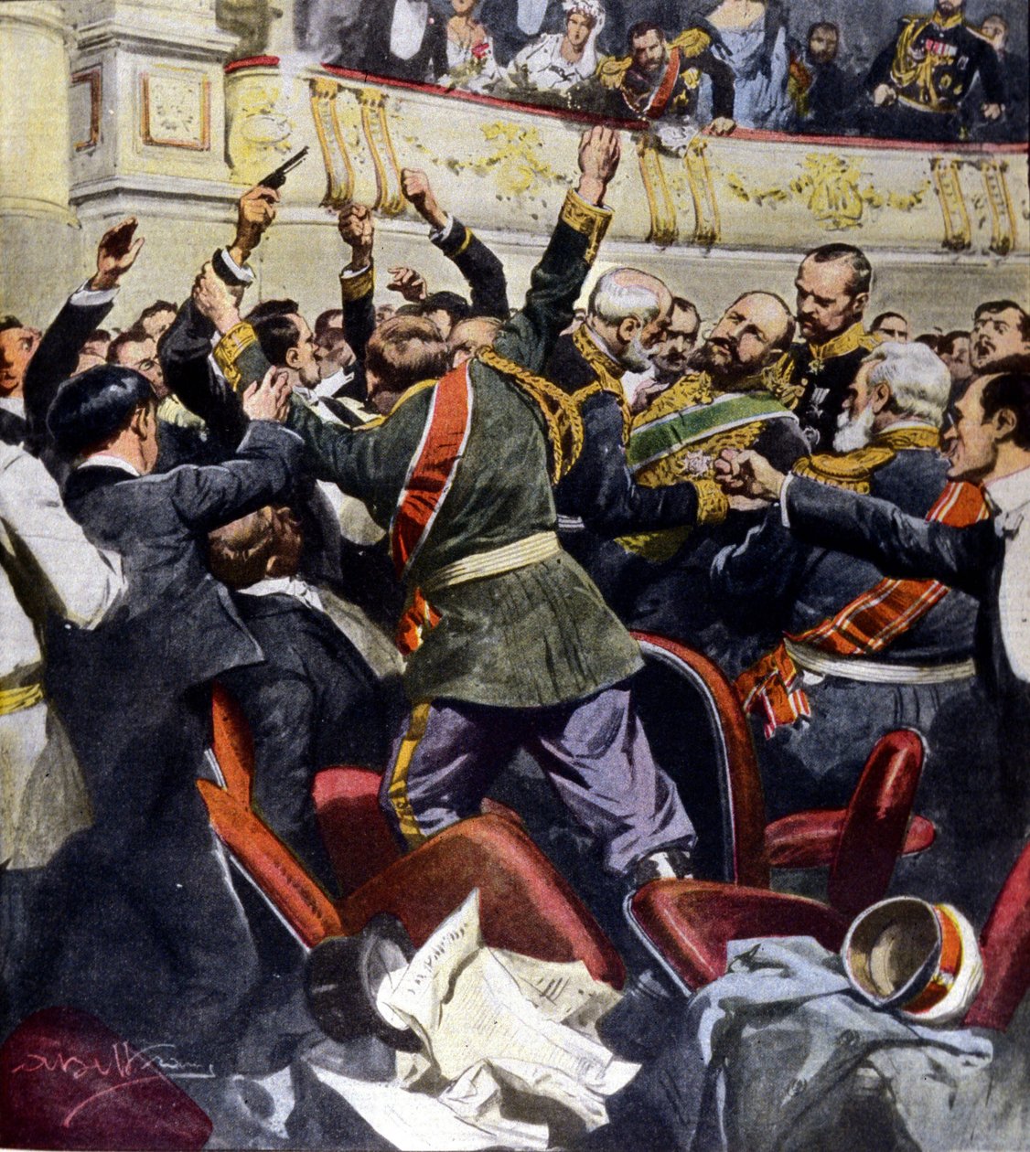 Attentat auf den russischen Minister Stolypin im Stadttheater von Kiew (Illustration von Beltrame) von Achille Beltrame