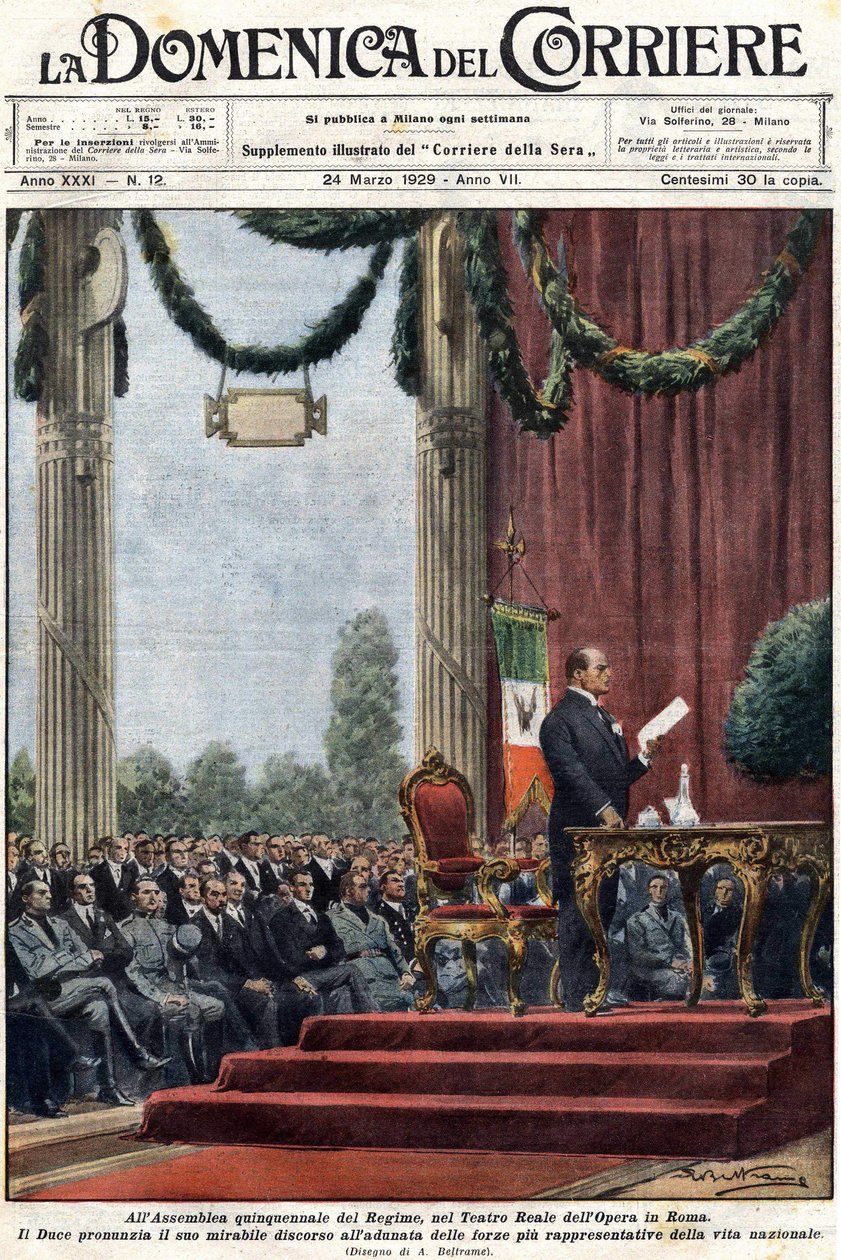 Benito Mussolini hält seine Rede im Teatro Reale der Oper in Rom vor den Führern des Regimes (Illustration von Achilles Beltrame, „Domenica del Corriere“ vom 24. März 1929) von Achille Beltrame