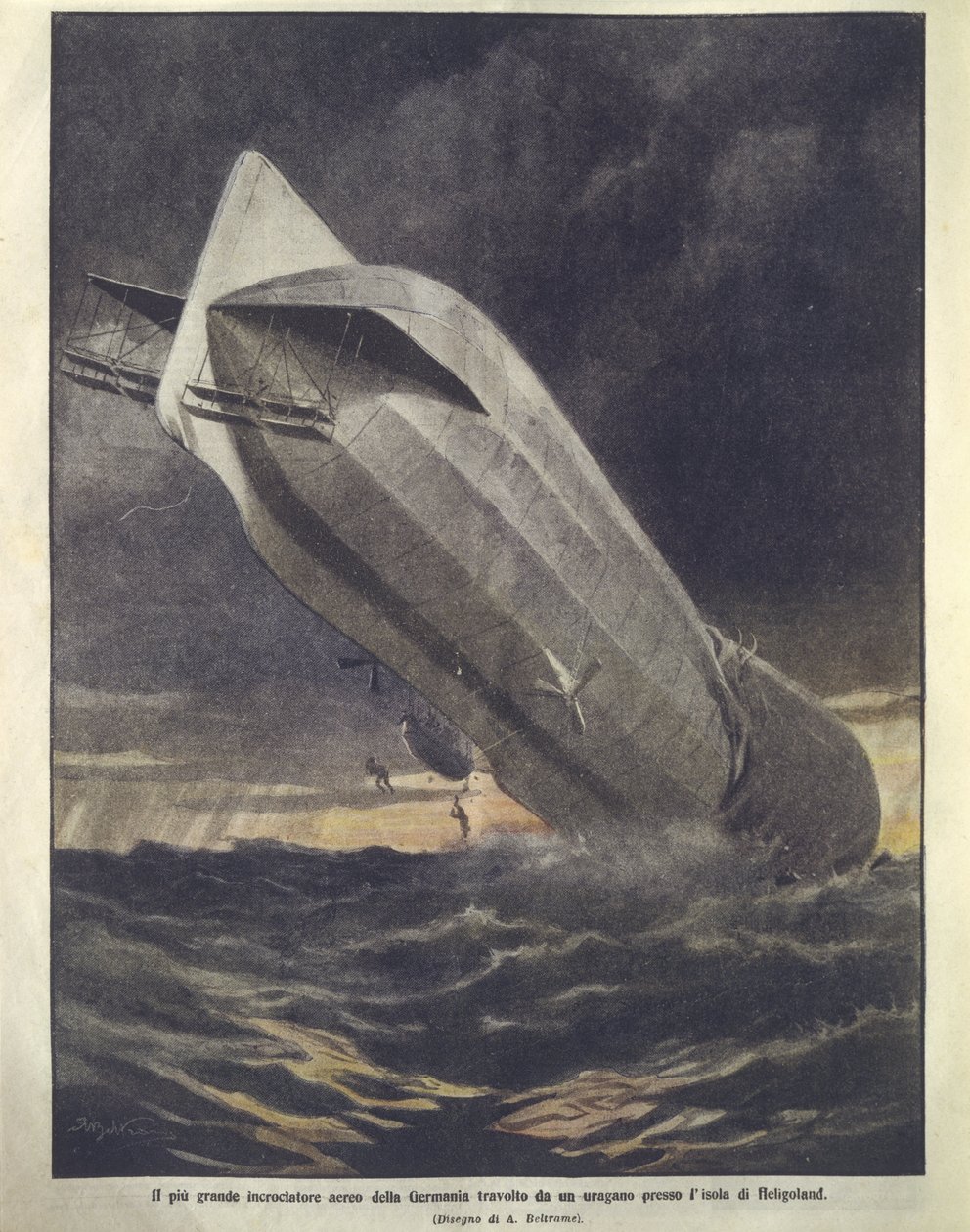 Titelillustration eines deutschen Kreuzers, der von einem Hurrikan in der Nähe der Insel Helgoland weggeschwemmt wird von Achille Beltrame