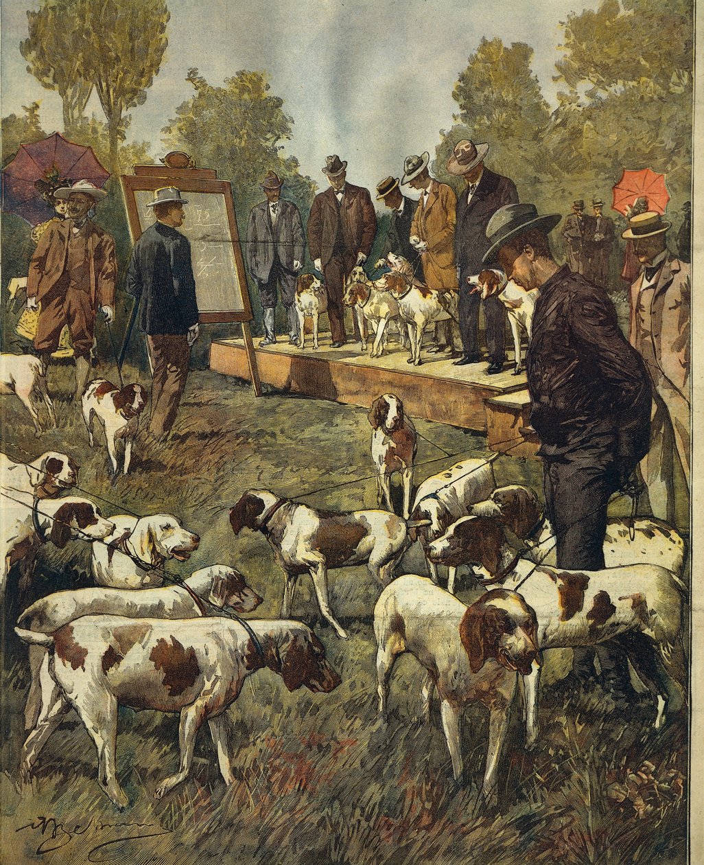 Hundeschau und Feldversuche von Jagdhunden in San Siro (Mailand) (Illustration) von Achille Beltrame