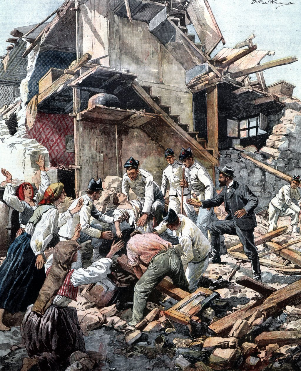 Erdbeben in Reggio (Kalabrien) am 28.12.1908. Soldaten suchen in den Trümmern nach den Opfern des Erdbebens. Illustration von Beltrame von Achille Beltrame