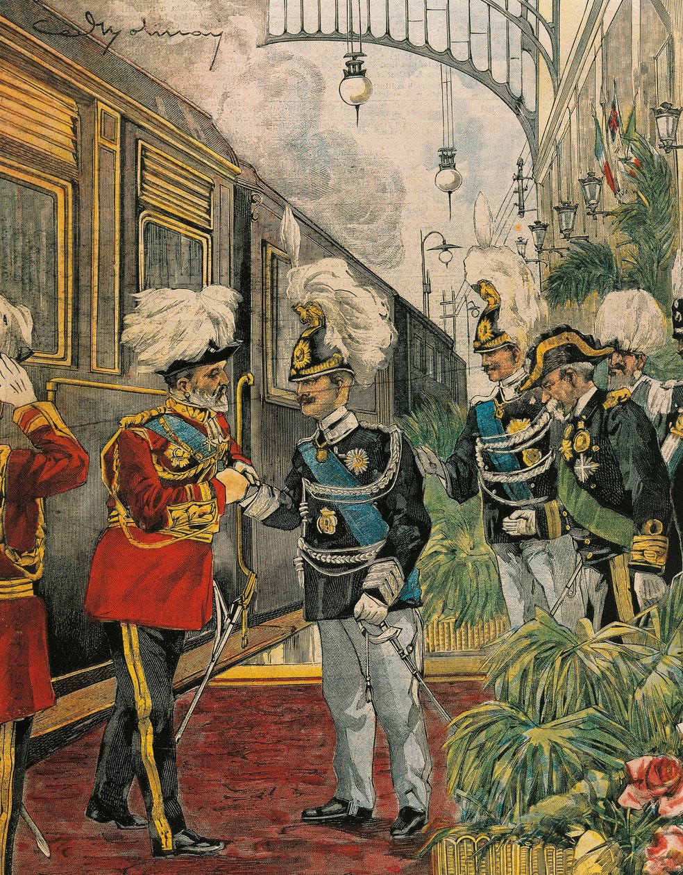 Edward VII., König von England, kommt in Rom an, von Achille Beltrame, Illustration, aus La Domenica del Corriere von Achille Beltrame