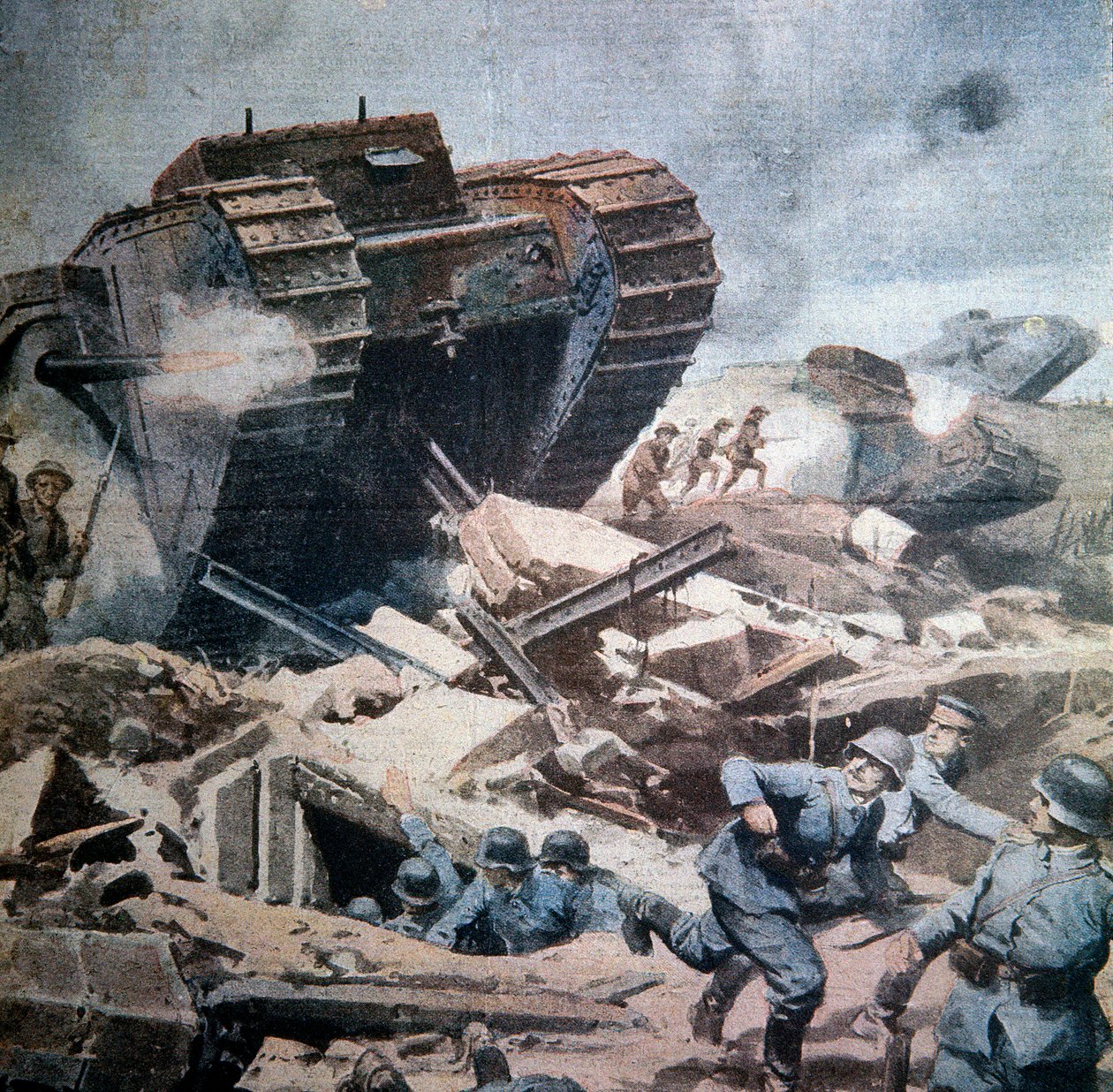 Angriffe englischer Panzer in der Picardie (Illustration von Achilles Beltrame aus La Domenica del Corriere 1916) von Achille Beltrame