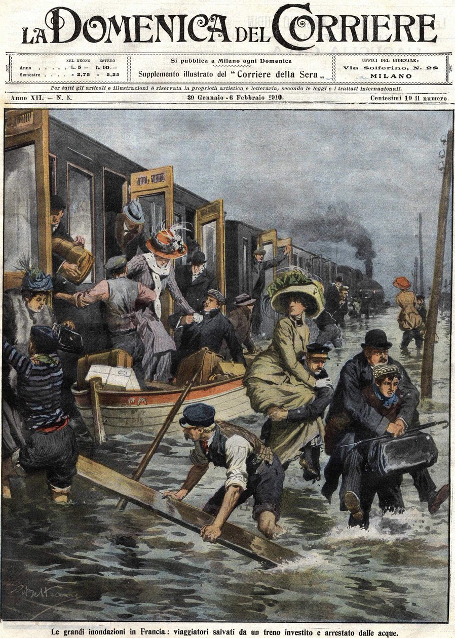 Überschwemmungen in der Umgebung von Paris im Januar 1910. Titelbild der „Domenica del Corriere“ vom 6. Februar von Achille Beltrame