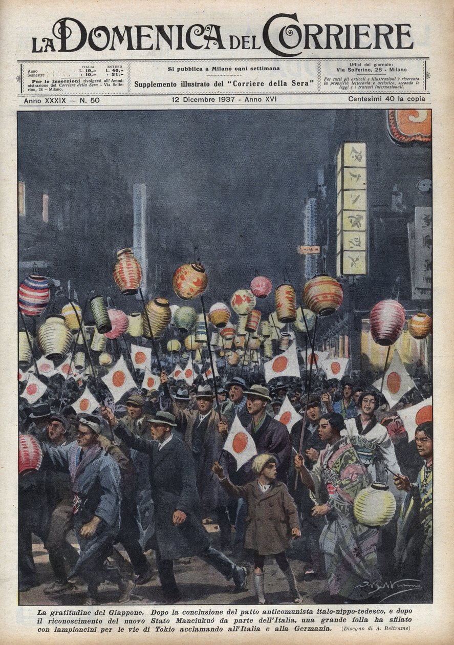 Große Parade der Einwohner Tokios, um Italien und Deutschland nach der Anerkennung des neuen Staates Mandschukuo zu huldigen. Illustration von Achille Beltrame in 