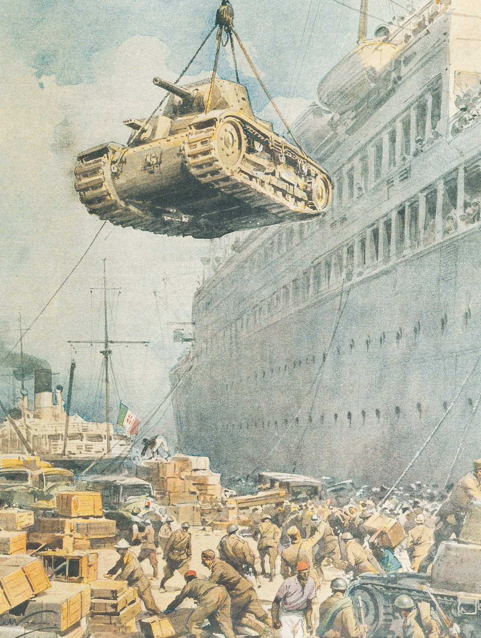 Italienischer Konvoi erreicht sein Ziel in Libyen, von Achille Beltrame, Illustration, Illustrator Achille Beltrame (1871-1945), aus La Domenica del Corriere von Achille Beltrame