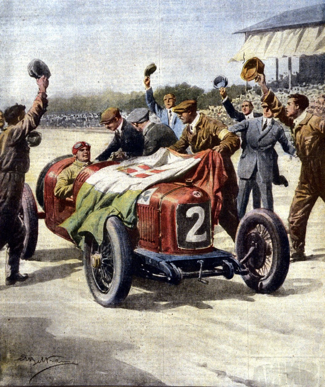 Italienischer Sieg beim 3. Europäischen Motor Grand Prix: Die Mechaniker von Ascari zeigen die Trikolore auf dem Auto. Ill. von Beltrame. "La Domenica del Corriere". 07/1925 von Achille Beltrame