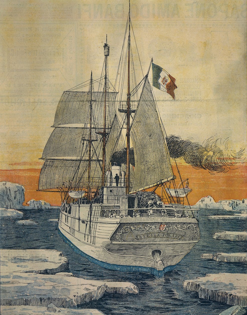 Reise zum Nordpol: Polarstern-Schiff, das Prinz Luigi Amedeo von Savoyen-Aosta, Herzog von den Abruzzen, zur Teplitzbucht auf der Rudolf-Insel brachte von Achille Beltrame