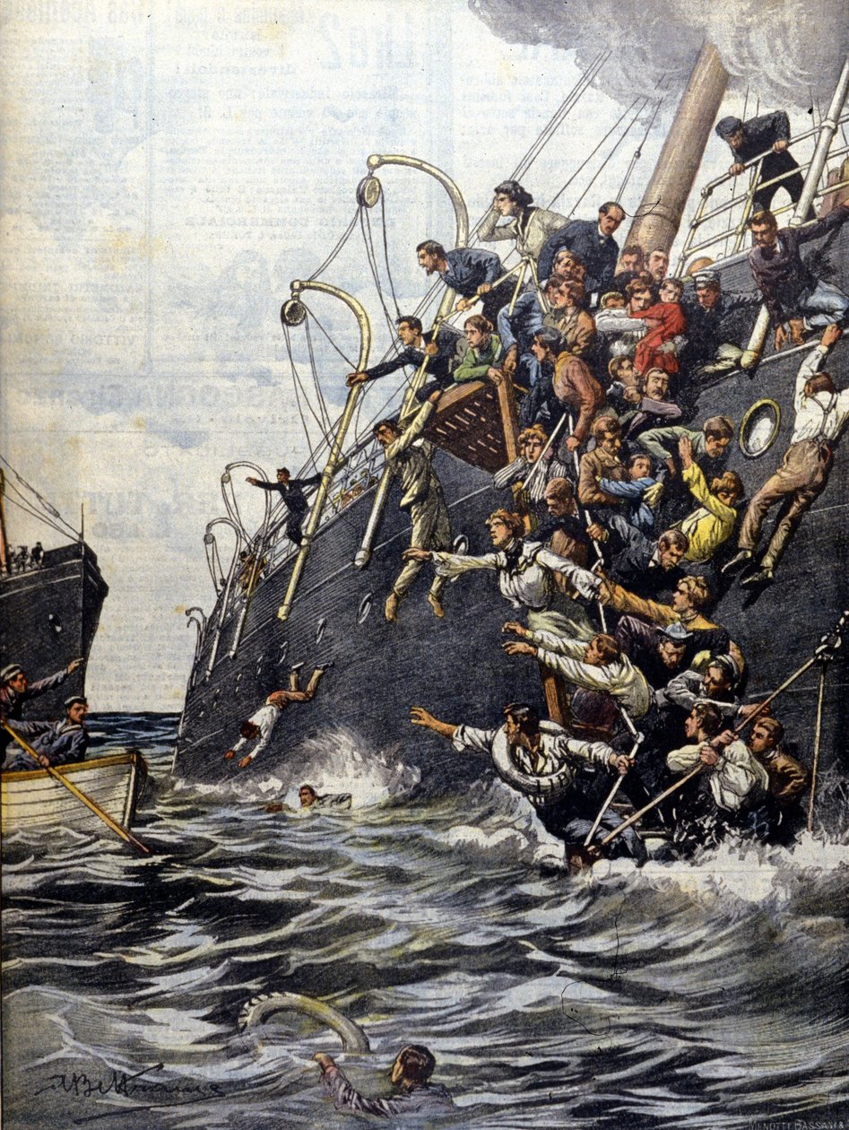 La catastrophe du Liban: les passagers se jettent à la mer après la collision avec un autre paquebot au large de Marseille. Illustration von Beltrame. La Domenica del corriere. 1903 von Achille Beltrame