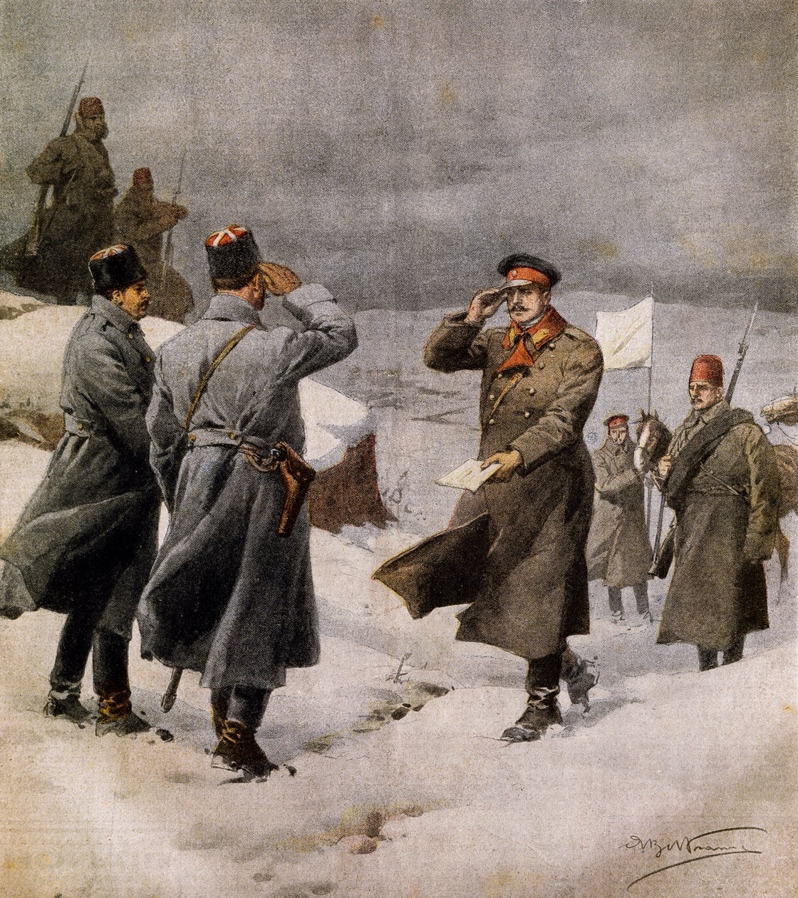 Wiederaufnahme des Krieges, Türkischer Parlamentarier kommt im bulgarischen Lager an und überbringt Nachricht über das Ende des Waffenstillstands, von Achille Beltrame, Illustration aus La Domenica del Corriere, 9. Februar von Achille Beltrame