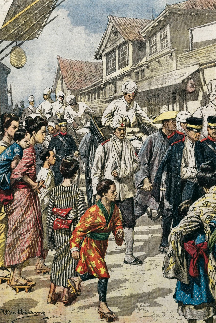 Russisch-Japanischer Krieg (1904-1905). Ankunft der ersten Verletzten der Schlacht von Ya-Lu (Februar 1904) in Tokio. Bild von Achille Beltrame für „La Domenica del Corriere“. Radierung. von Achille Beltrame