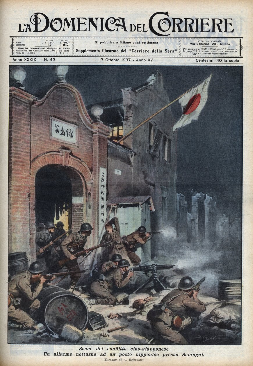 Zweiter Japanisch-Chinesischer Krieg (1937-1945): Zusammenstöße in der Nähe von Shanghai. Illustration von Achille Beltrame in 