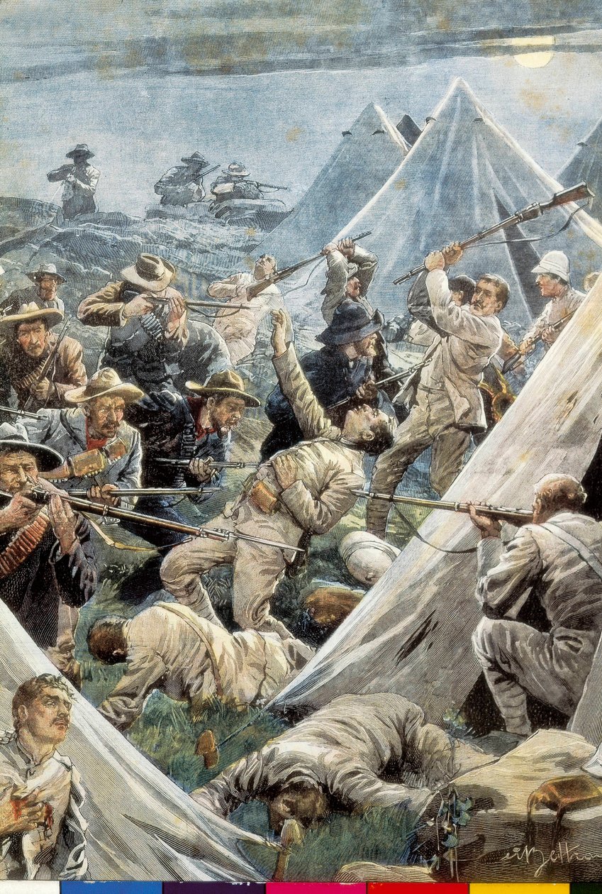 Südafrika. Zweiter Burenkrieg. Angriff auf das englische Lager von Tweefontein (1902). Illustration von Achille Beltrame. Stich. von Achille Beltrame