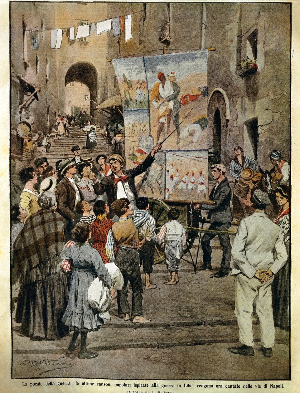 Die Domenica del Corriere (italienische Sonntagszeitung) vom 8. Dezember 1910, Volkslieder inspiriert vom Krieg in Libyen, gesungen in Neapel von Balladensängern, von Achille Beltrame, Illustration von Achille Beltrame