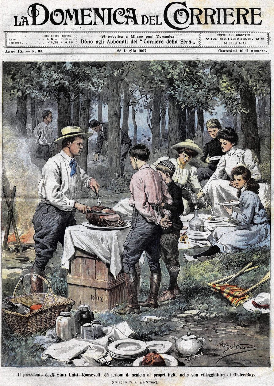 Der Präsident der Vereinigten Staaten Theodore Roosevelt (1858 - 1919) lehrte seine Söhne die Pflichten eines Mannes der guten Gesellschaft, indem er ihnen während eines Picknicks in seiner zweiten Residenz in Oister Bay das Bein abschnitt. Illustration vo von Achille Beltrame