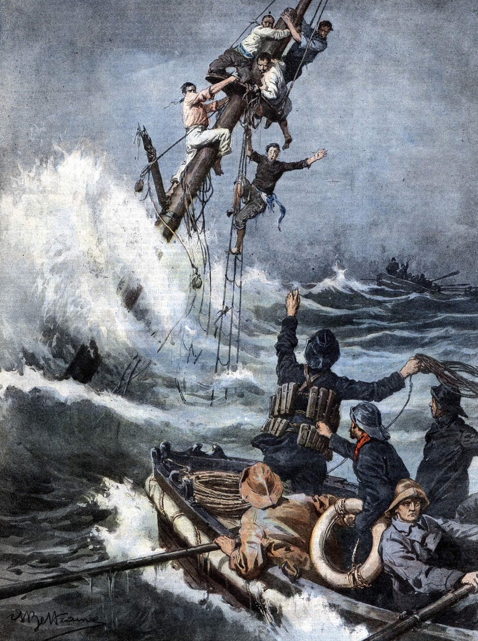 Das Rettungsteam brachte die Seeleute eines gestrandeten Dampfers nach 40 Stunden sicher zurück, nachdem sie auf den Masten des sinkenden Schiffes saßen. Ill. von Beltrame. La Domenica del Corriere. 08/1909. von Achille Beltrame