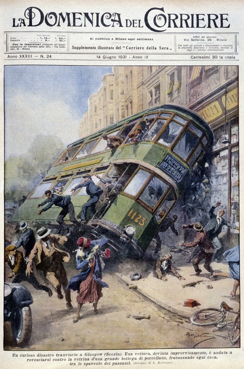Straßenbahnunfall in Glasgow, Schottland: Ein Wagen kippte auf eine Porzellanauslage und auf Passanten - Zeichnung von A. Beltrame, in „La Domenica del Corriere“ vom 1. Februar 1931 von Achille Beltrame