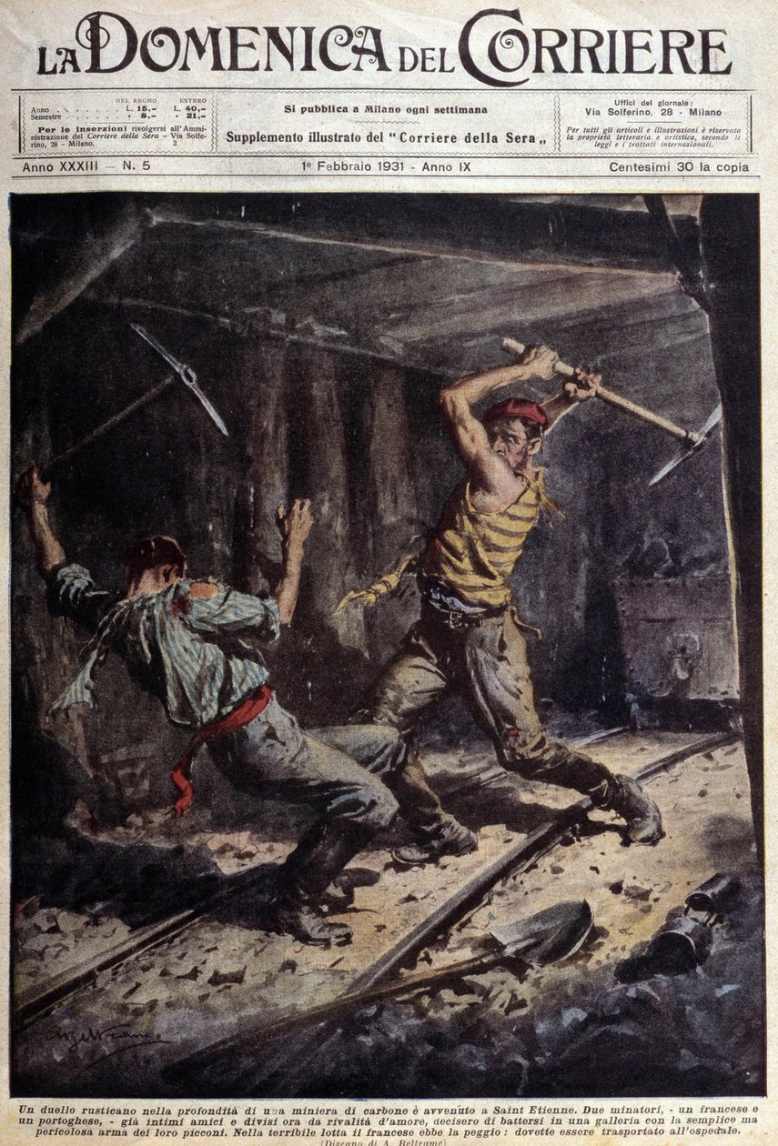 Zwei französische und portugiesische Bergleute kämpfen mit ihren Äxten in einer Galerie wegen einer Liebesgeschichte - Zeichnung von A. Beltrame, in „La Domenica del Corriere“ vom 1. Februar von Achille Beltrame