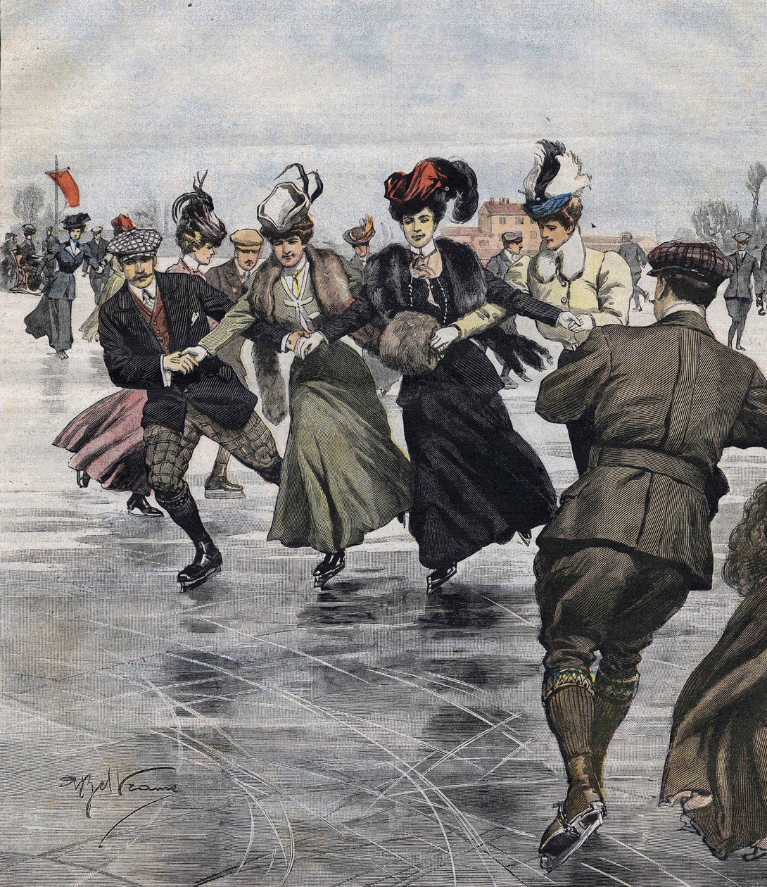 Wintervergnügen. Schlittschuhläufer. Illustration von Achille Beltrame im Jahr 1907. von Achille Beltrame