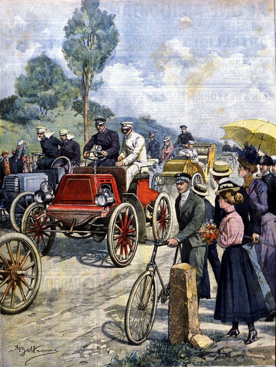 Erste Rundfahrt durch Italien mit dem Auto im Jahr 1901 (Illustration von Achilles Beltrame) von Achille Beltrame