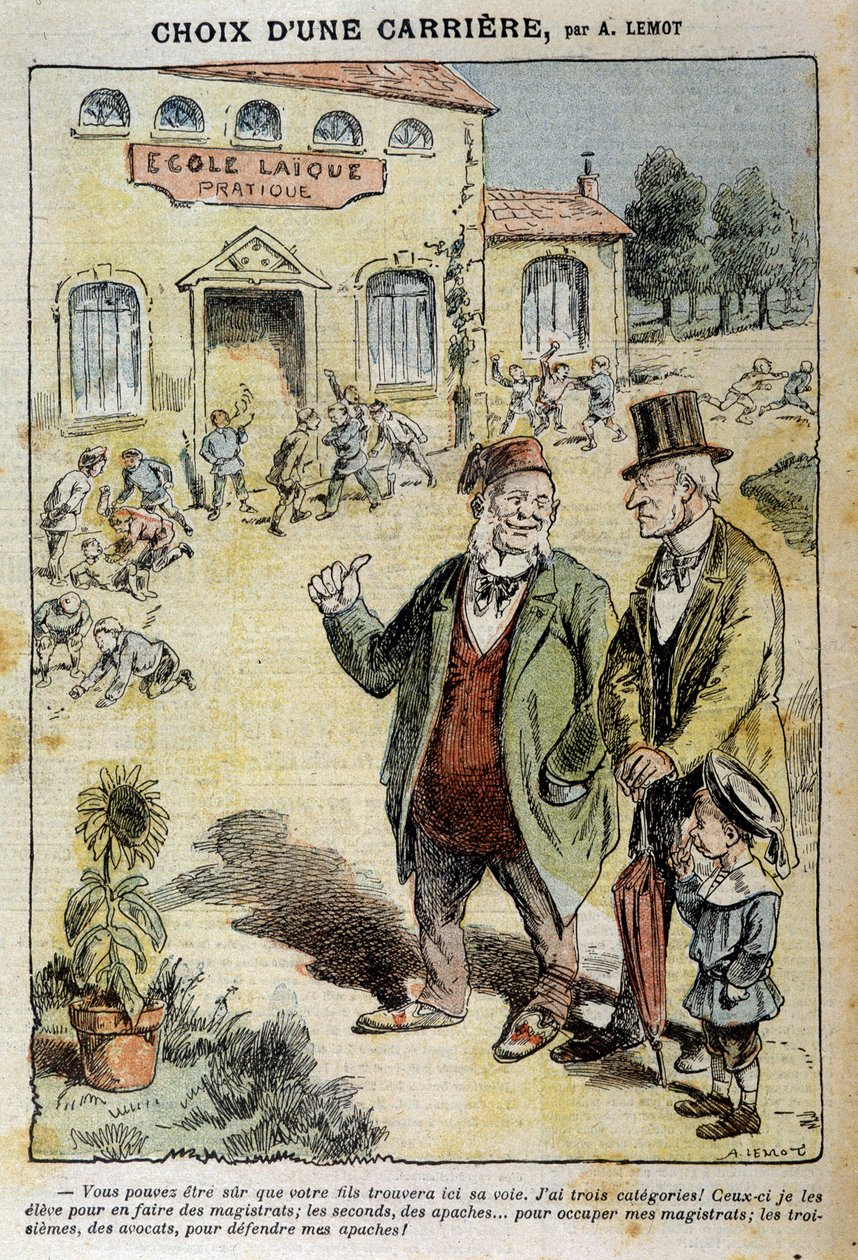 Berufswahl: Karikatur über die Laizistische Schule - von Achile Lemot (1846-1909), in „Le Pelerin“ vom 04.04.1909 von Achille Lemot