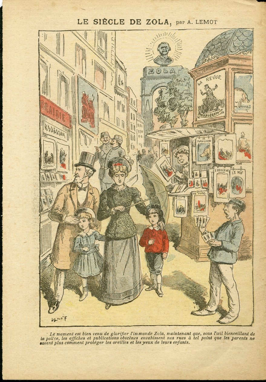 Illustration von Achille Lemot (1846-1909) in Le Pelerin, 03/05/08 - Das Jahrhundert von Zola - Religion Glaube, Familie, Pornografie, Zeitungskioske, Katholizismus, Rue Gasse - Zola Emile von Achille Lemot