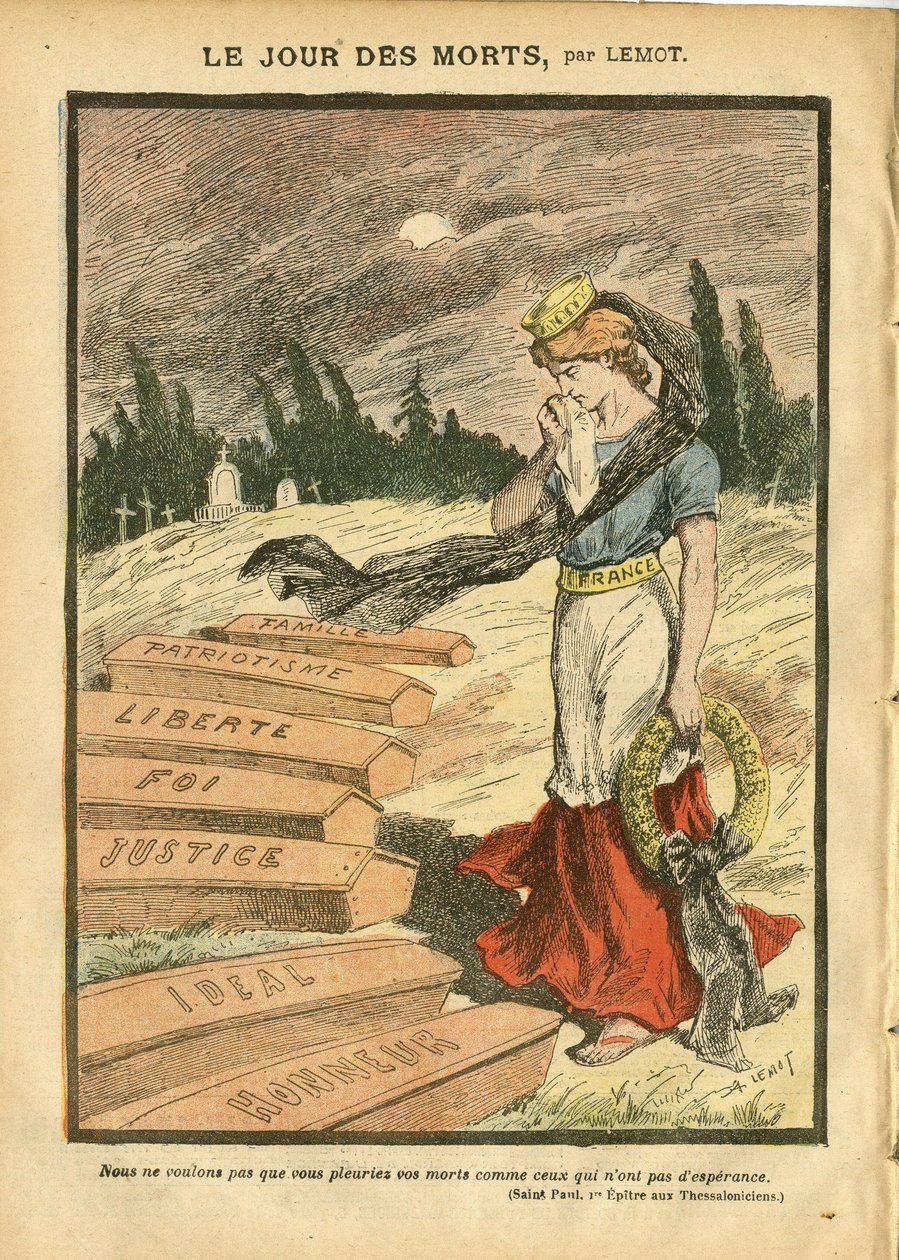 Illustration von Achille Lemot (1846-1909) in Le Pelerin, 03/11/07 - Der Tag der Toten - Gerechtigkeit Prozess, Religion Glaube, Freiheit, Frankreich, Dreifarbige Flagge, Patriotismus, Trauer Beerdigung, Ehre, Sarg - Marianne - Tod, Religiöse Metapher von Achille Lemot