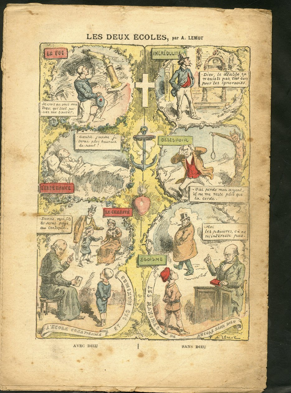 Illustration von Achille Lemot (1846-1909) in Le Pelerin, 04/04/09 - Die zwei Schulen - Lehre, Religion Glaube, Katholizismus - Säkularisation, Gesetze - Lehrer, Lyzeum-Schüler, Gymnasiast, Pfarrer von Achille Lemot