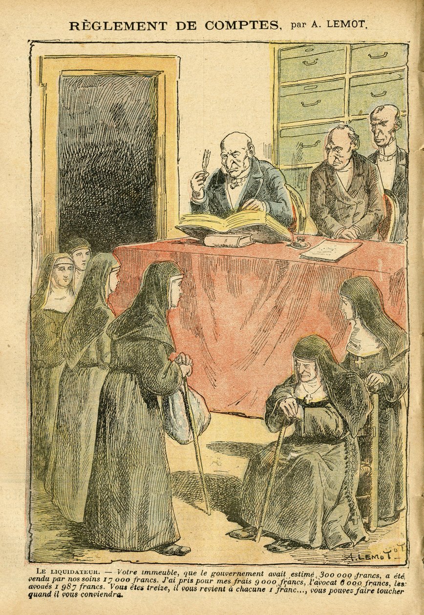 Illustration von Achille Lemot in Le Pelerin, 04/08/07 - Regelung der Konten - Antisemitismus, Religion Glaube, Katholizismus - Trennung von Kirche und Staat, Inventare/Reaktionen auf Inventare - Nonnen Schwestern gute Schwestern von Achille Lemot
