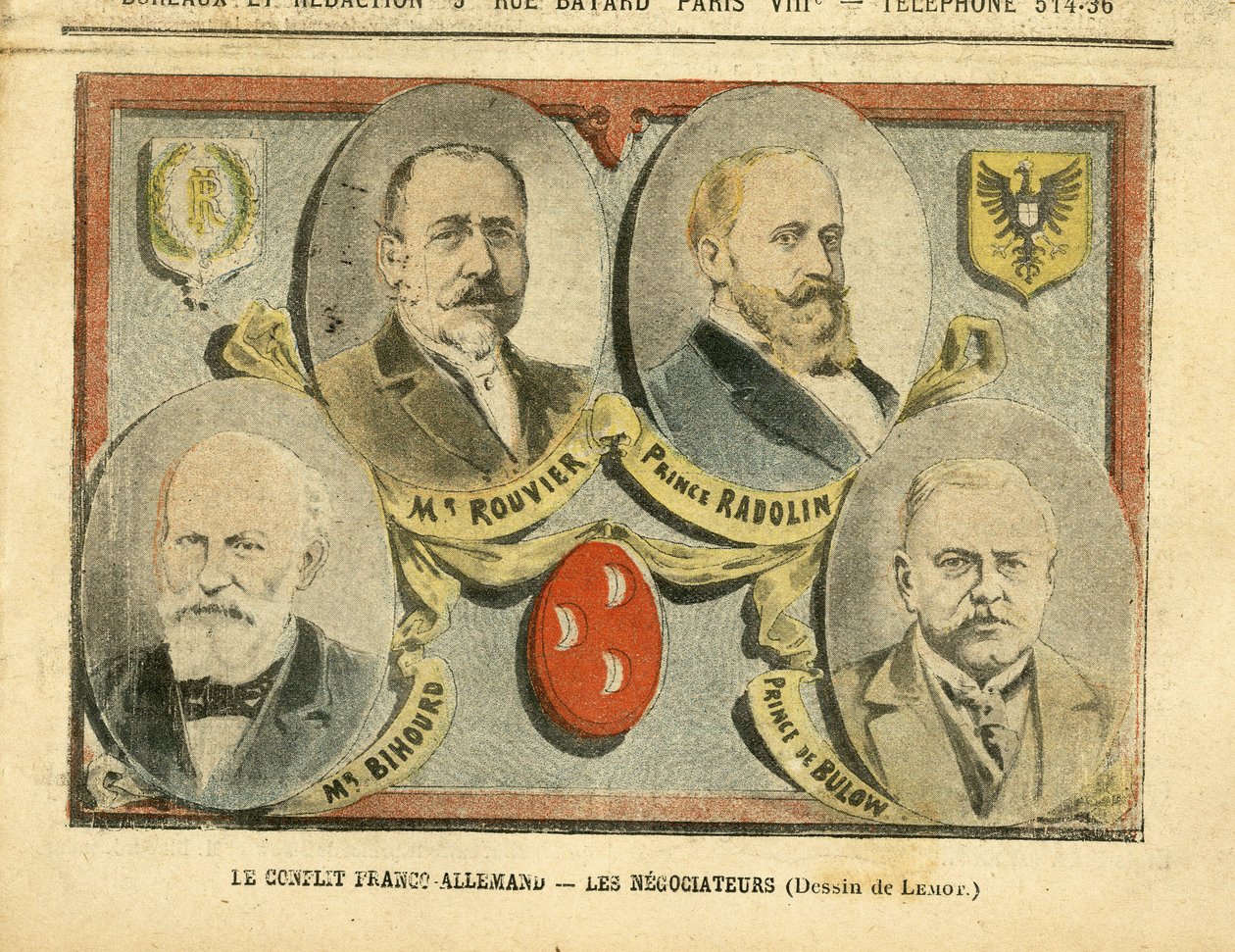Illustration von Achille Lemot (1846-1909) in Le Pelerin, 09/07/05 - Der französisch-deutsche Konflikt, die Verhandlungsführer - Kolonisation Kolonialismus Kolonien, Deutschland Preußen, Marokko, Frankreich, Tanger - Rouvier Maurice (1842-1911), Bulow Bern von Achille Lemot