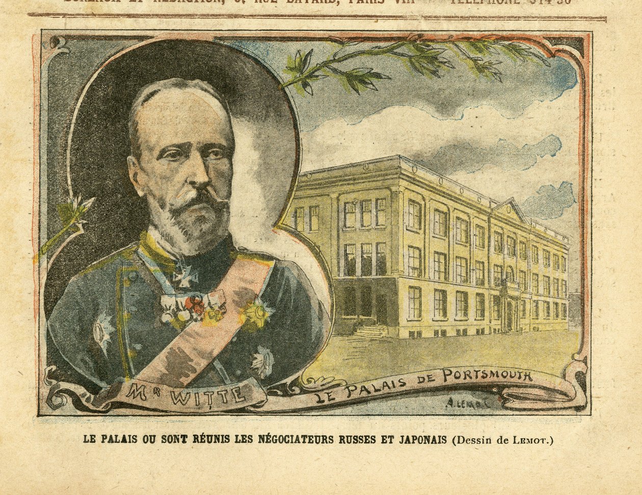 Illustration von Achille Lemot (1846-1909) in Le Pelerin, 20/08/05 - Der Palast, in dem sich russische und japanische Verhandlungsführer treffen - Russland, Japan, Russisch-Japanischer Krieg, Portsmouth - Witte Serge (1849-1915) von Achille Lemot