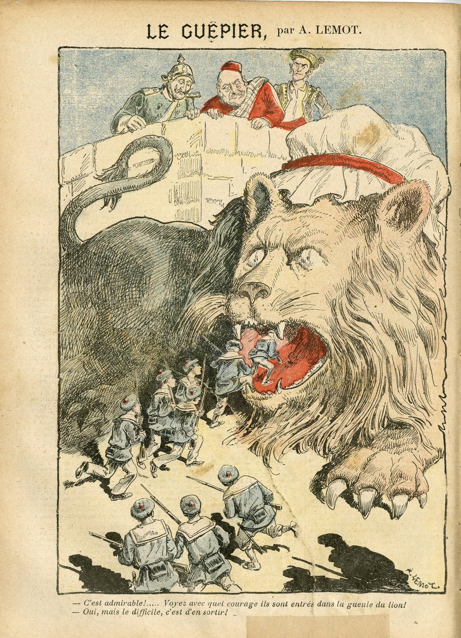 Illustration von Achille Lemot in Le Pelerin, 25/08/07 - Le Guepier - Krieg, Deutschland Preußen, England Großbritannien, Spanien, Maritime Marine Küste - Löwe/Tiger von Achille Lemot