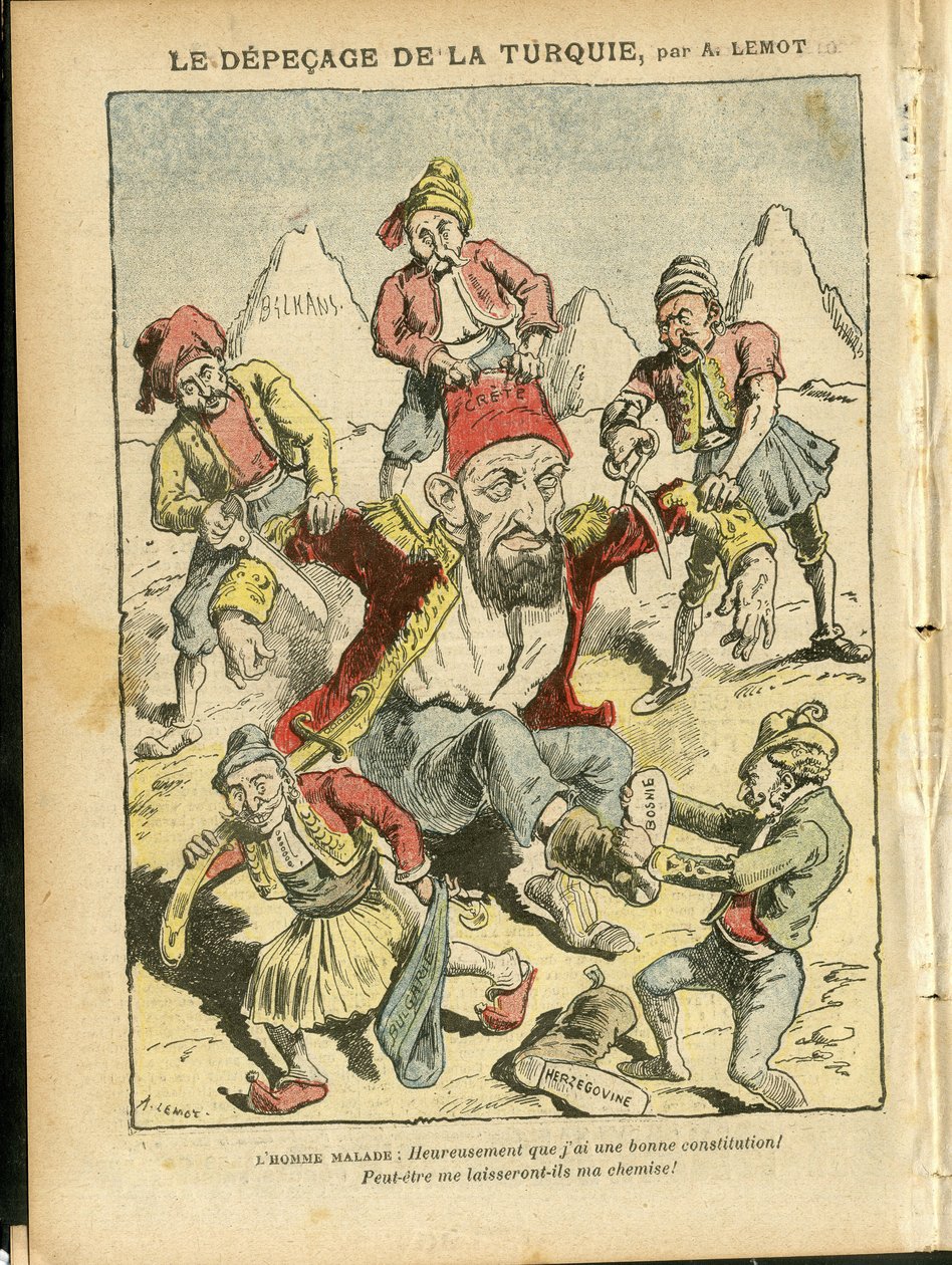 Illustration von Achille Lemot (1846-1909) in Le Pelerin, 25/10/08 - Die Zerstückelung der Türkei - Türkei, Religion Glaube, Balkan, Bulgarien, Bosnien Herzegowina, Kreta, Katholizismus - Abdul-Hamid II (1842-1918) von Achille Lemot