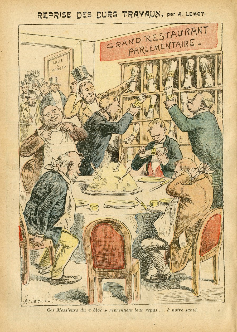 Illustration von Achille Lemot (1846-1909) in Le Pelerin, 27/10/07 - Wiederaufnahme harter Arbeit - Antiparlamentarismus, Restaurant Cafés, Kammer der Deputierten Hemicycle, Bloc des Linken, Plate au beurre - Deputierter - Metapher Ernährung von Achille Lemot