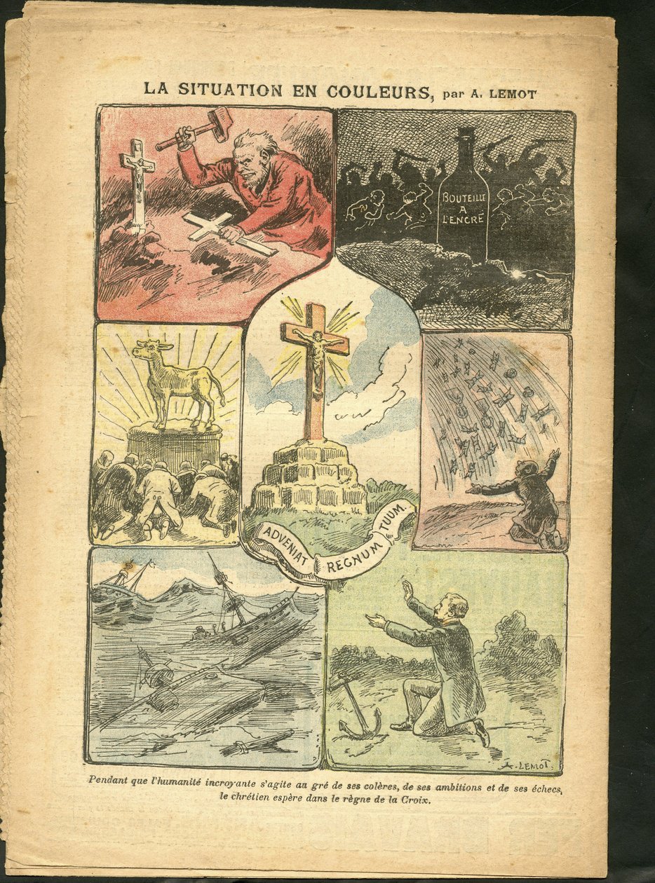 Illustration von Achille Lemot (1846-1909) in Le Pelerin, 28/02/09 - Die Situation in Farbe - Religion Glaube, Maritime Marine Küste, Atheismus, Unfälle Katastrophen, Naturkatastrophe, Christliches Kreuz, Katholizismus - Goldenes Kalb von Achille Lemot