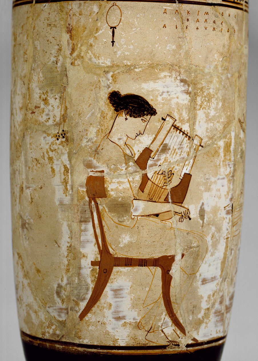 Attische weißgrundige Lekythos mit Bild von Musikerinnen, 5. Jahrhundert v. Chr. von Achilles Painter