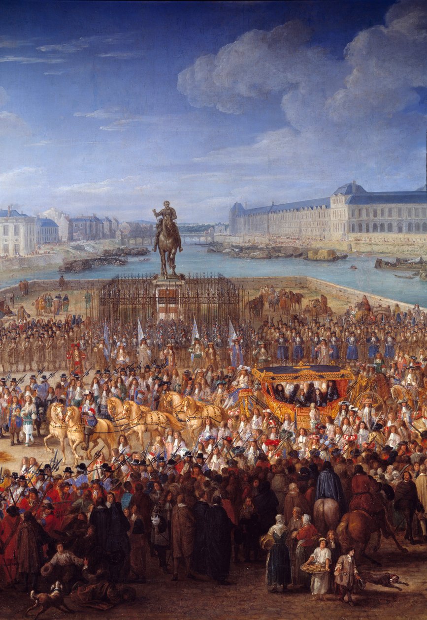 Königliche Kutsche. Zentrales Detail von Ludwig XIV. beim Überqueren der Pont Neuf in seiner Kutsche. Gemälde von Adam Francois Van Der Meulen von Adam Frans van der Meulen