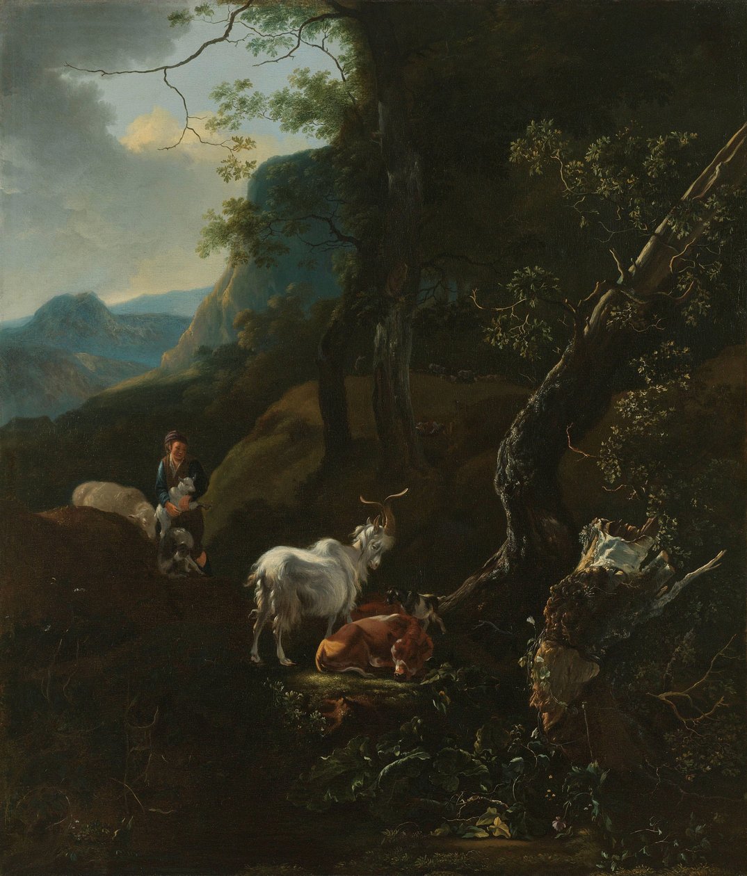 Eine Schäferin mit Tieren in einer bergigen Landschaft von Adam Pijnacker