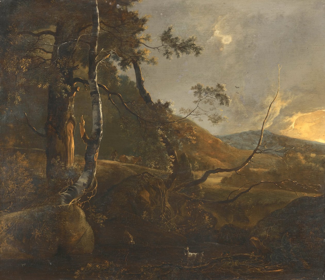 Waldlandschaft mit einem Hirten auf einem Pfad und einer einsamen Ziege von Adam Pynacker