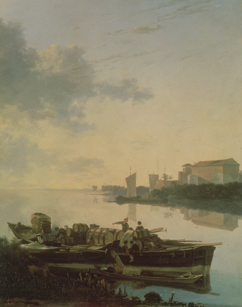 Ein Holzschiff auf dem Fluss bei Sonnenuntergang von Adam Pynacker
